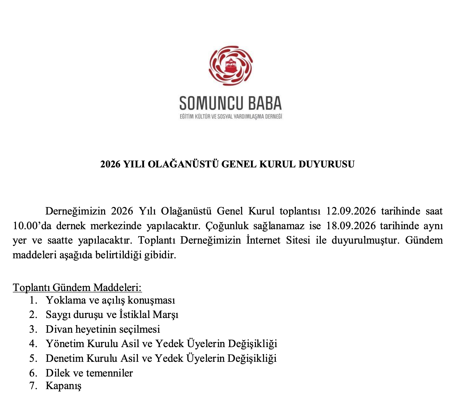 OLAĞANÜSTÜ GENEL KURUL DUYURUSU
